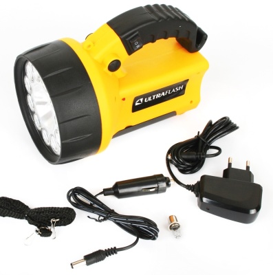 Фонарь ULTRAFLASH LED3753 аккум. 220Вт/12B желтый 11LED.+галоген.  пластик (1/20)