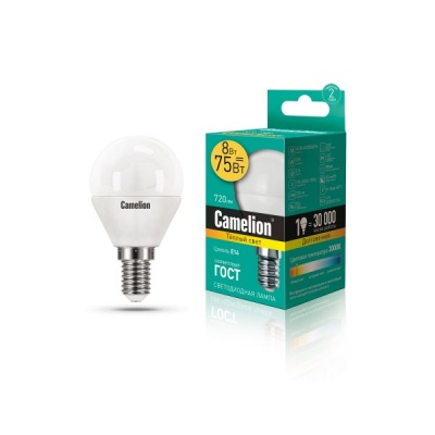 Лампа CAMELION LED8-G45/830/E14 220V 8W (1/10/100)
