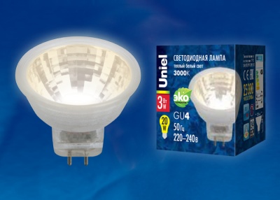 Лампа светодиодная UNIEL LED-MR11-3W/WW/GU4/220V GLZ21TR Прозрачная. 3000K