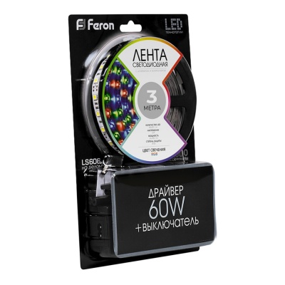 Светодиодная лента FERON LS606/LED-RL 60SMD(5050)/m 3m 14.4W/m 12V RGB на бел с др. 48W/60W