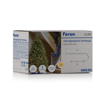 Гирлянда FERON CL09 линейная 500LED 2700K, 10м+ 2м (с контроллером)  зеленый шнур,  IP20