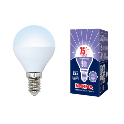 Лампа светодиодная Volpe LED-G45-9W/DW/E14/FR/NR Форма "шар",матовая.Серия Norma.Дневной белый 6500K