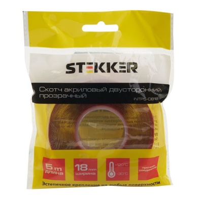 Скотч акриловый двусторонний STEKKER 0,8*18 мм, длина 5м, прозрачный, красная подложка, INTP5-0818-5