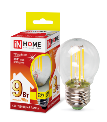 Лампа светодиодная IN HOME LED-ШАР-deco 9Вт 230В Е27 3000К 810Лм прозрачная 
