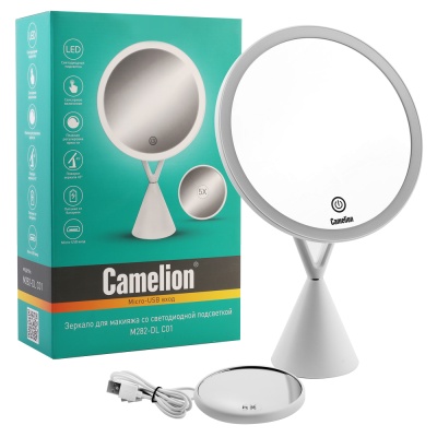 Зеркало CAMELION M282-DL C01 бел.с LED подсветкой,1x/ съёмн.5x-увелич.,днев.свет,5Вт,4*LR03 /USB(3)