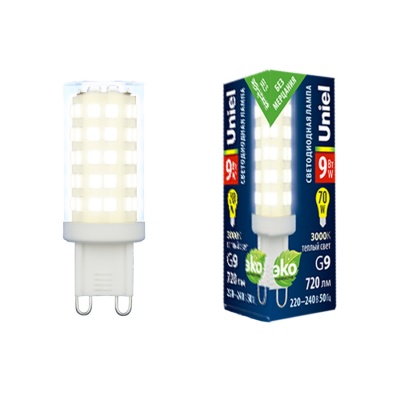 Лампа светодиодная UNIEL LED-JCD-9W/3000K/G9/CL GLZ09TR прозрачная. Теплый белый свет (3000К)