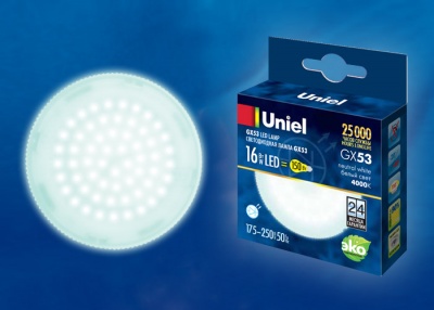 Лампа светодиодная UNIEL LED-GX53-16W/NW/GX53/FR PLZ01WH, матовая. Белый свет (4000K).