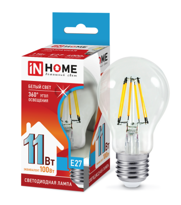 Лампа светодиодная IN HOME LED-A60-deco 11Вт 230В Е27 4000К 990Лм прозрачная