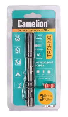 Фонарь CAMELION LED 51517 черный,  LED XPE, 3 реж 2XLR03 в компл., алюм., откр. блистер