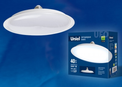 Лампа светодиодная UNIEL LED-U220-40W/6500K/E27/FR PLU01WH UFO, матовая, 3000К