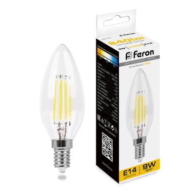 Лампа светодиодная FERON LB-73 9W 230V E14 2700K филамент С35 прозрачная