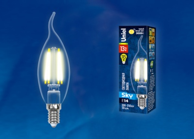 Лампа светодиодная UNIEL LED-CW35-13W/3000K/E14/CL PLS0 «свеча на ветру», прозрач. Теплый белый свет