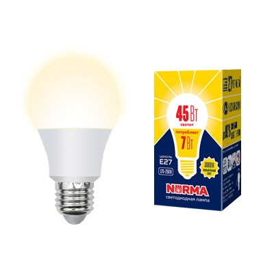 Лампа светодиодная VOLPE LED-A60-7W/3000K/E27/FR/NR картон серия Norma
