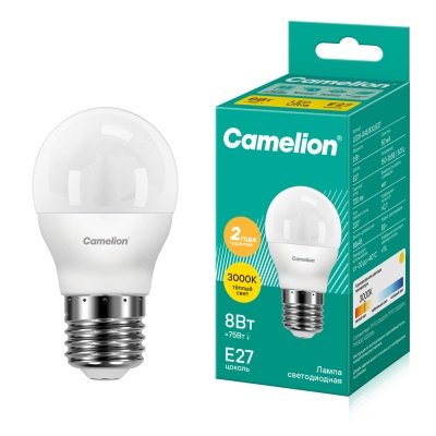 Лампа CAMELION LED8-G45/830/E27 220V 8W (1/10/100)