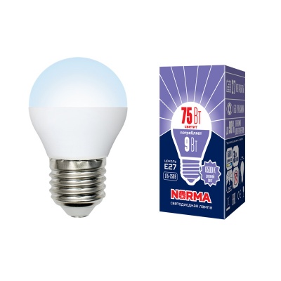 Лампа светодиодная Volpe LED-G45-9W/DW/E27/FR/NR Форма "шар",матовая.Серия Norma.Дневной белый 6500K