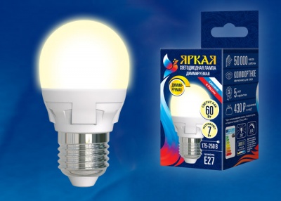 Лампа светодиодная UNIEL LED-G45 7W/3000K/E27/FR/DIM PLP01WH картон