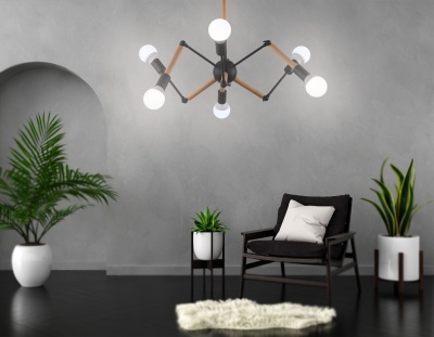 Люстра подвесная Ambrella TR80488/6 BK/LW черный/светлое дерево E27/6 max 60W D930*510