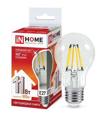 Лампа светодиодная IN HOME LED-A60-deco 11Вт 230В Е27 6500К 990Лм прозрачная