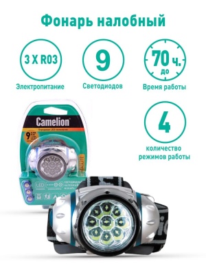 Фонарь CAMELION LED 5323-19Mx налобный, металлик, 19LED, 4 режима, 3хR03 в комплекте (1/6)