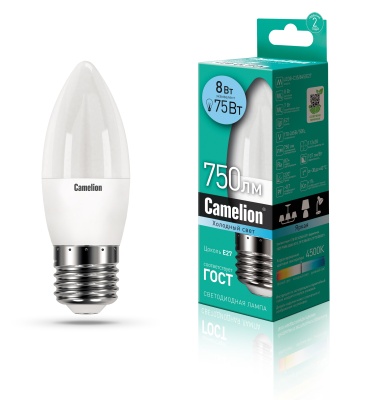Лампа CAMELION LED8-С35/845/E27 220V 8W (1/10/100)