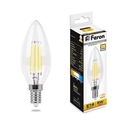 Лампа светодиодная FERON LB-68 4LED/5W 230V E14 2700K филамент свеча  диммируемая