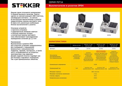 PST16-11-54/10-111-54 Блок: розетка STEKKER 1-мест,с/з,250В,16А+выкл.1-клав.,1-полюсн, 250В,10А