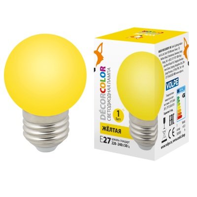 Лампа светодиодная Volpe LED-G45-1W/YELLOW/E27/FR/С Форма "шар", матовая. Цвет желтый. Карто