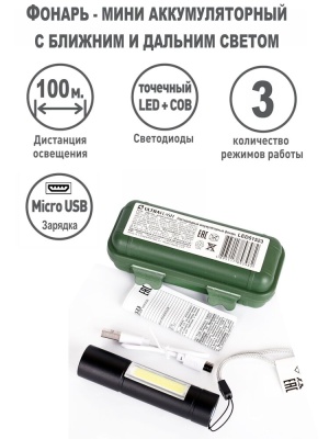 Фонарь ULTRAFLASH LED51523 аккум. 4В, черный, 2LED, 3 Вт, 3 реж, Micro-USB, бокс