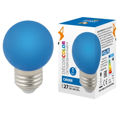Лампа светодиодная Volpe LED-G45-1W/BLUE/E27/FR/С Форма "шар", матовая. Цвет синий. Картон. 