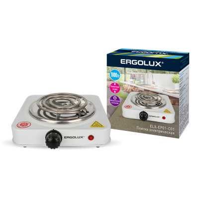 Электроплитка ERGOLUX  ELX-EP01-C01 белая,  1 конф., спиральный нагр.эл.1000Вт, 220-240В (1/12)