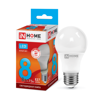 Лампа светодиодная IN HOME LED-A60-VC  8Вт 230В E27 4000K 720Лм