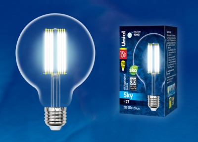Лампа светодиодная UNIEL LED-G95-15W/4000K/E27/CL PLS02WH картон  прозрачная. Серия Sky