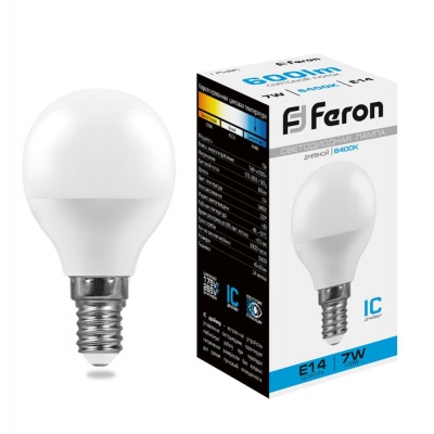 Лампа светодиодная FERON LB-95 16LED/7W 230V E14 6400K G45 (10/100)