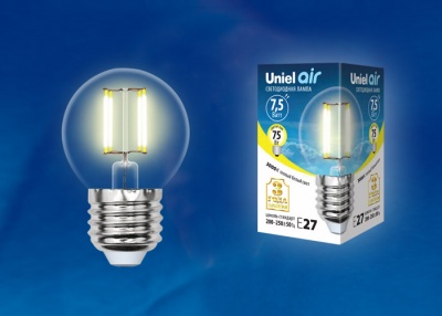 Лампа светодиодная UNIEL LED-G45-7,5W/WW/E27/CL GLA01TR  "шар", прозрачная. Серия Air. Теплый белый 
