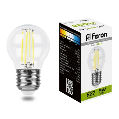 Лампа светодиодная FERON LB-509 9W 230V E27 4000K филамент G45 прозрачная