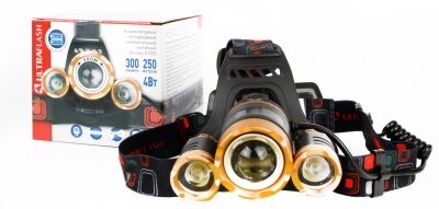 Фонарь ULTRAFLASH E1333 налобный акк 3,7В золото/черный 3LED 4Ватт, фокус, 2ак 4реж, метал.(1/50)