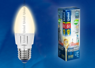 Лампа светодиодная UNIEL LED-C37-6W/WW/E27/FR/DIM ALP01WH пластик