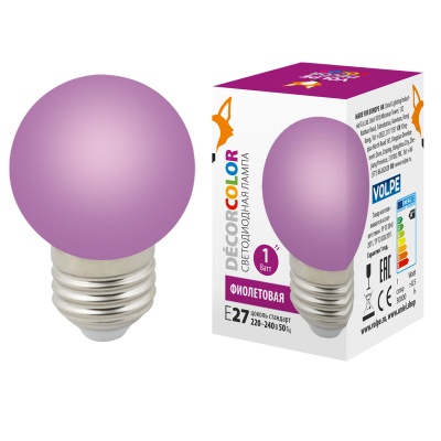 Лампа светодиодная UNIEL LED-G45-1W/PURPLE/E27/FR/С декоративная, "шар", матовая. Цвет фиолетовый