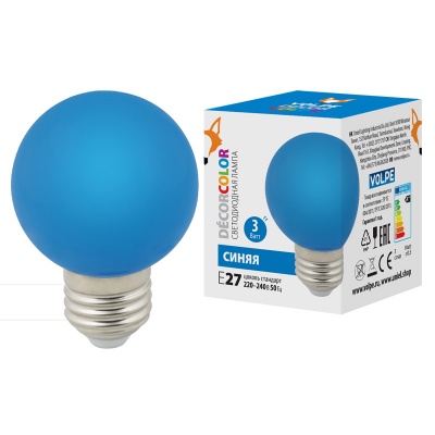 Лампа светодиодная UNIEL LED-G60-3W/BLUE/E27/FR/С декоративная "шар", матовая. Цвет синий. Картон. 