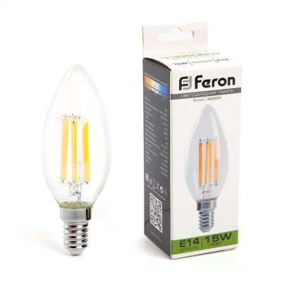 Лампа светодиодная FERON LB-717 15W 230V E14 4000K филамент С35 прозрачная