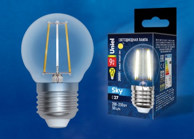 Лампа светодиодная UNIEL LED-G45-9W/3000K/E27/CL PLS02WH картон