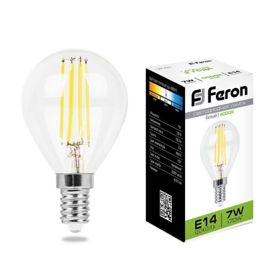 Лампа светодиодная FERON LB-52 7W 230V E14 4000K филамент G45