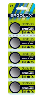 Батарейка Ergolux CR2016 BL-5, 3V литиевая (5/10/1800)