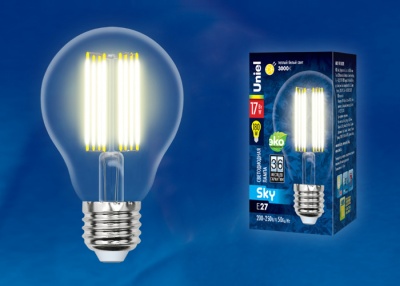 Лампа светодиодная UNIEL LED-A70-17W/3000K/E27/CL PLS02WH «Форма A», прозрачная.Серия Sky.