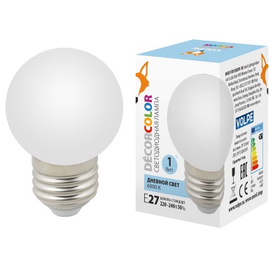 Лампа светодиодная Volpe LED-G45-1W/6000K/E27/FR/С  Форма "шар", матовая. Дневной свет 6000K