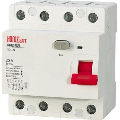 HOROZ 114-003-4025 4P 25A 30mA 400V Выключатель Остаточного Тока SAFE (RCCB 4P 25)