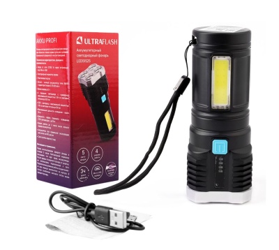 Фонарь ULTRAFLASH LED51525 аккум. 4В, черный, 4LED+COB, 3 Вт, 4 реж, Micro-USB, бокс