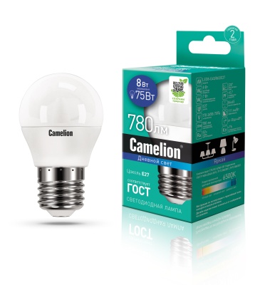 Лампа CAMELION LED8-G45/865/E27  220V 8W (1/10/100)