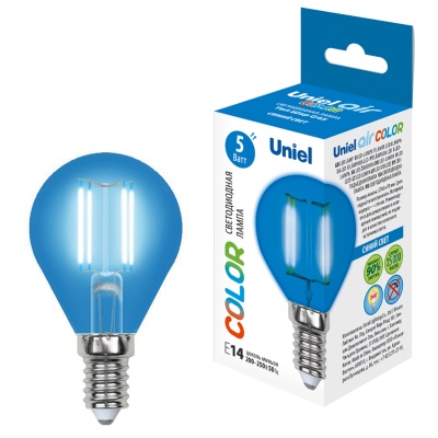 Лампа светодиодная UNIEL LED-G45-5W/BLUE/E14 GLA02BL картон. стекло, синий свет