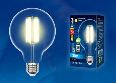 Лампа светодиодная UNIEL LED-G95-15W/3000K/E27/CL PLS02WH картон прозрачная. Серия Sky